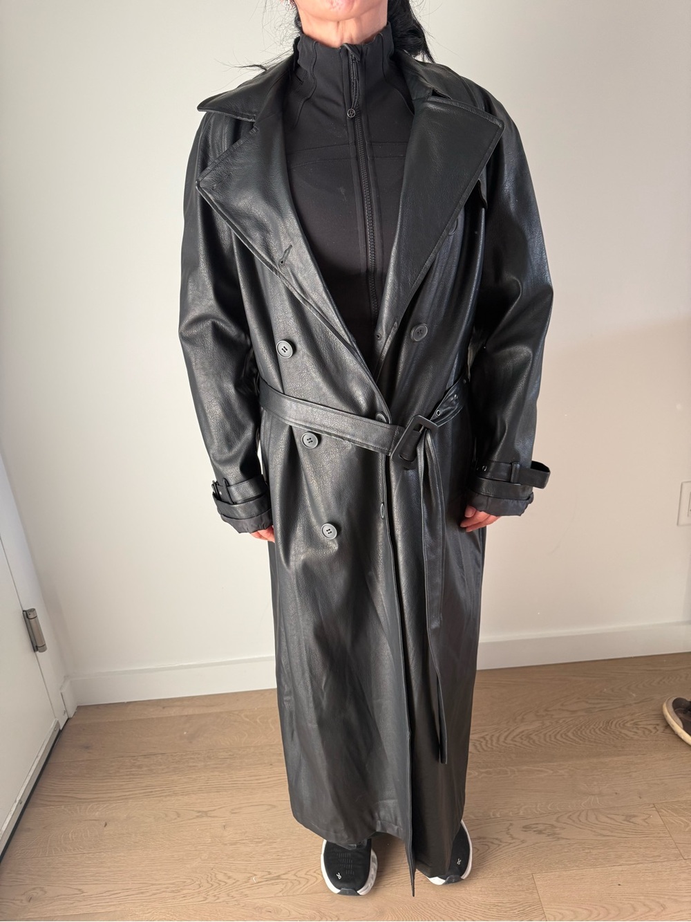Urban Outfitters Black Faux Leather Double-Breasted Trench with Waist Tie